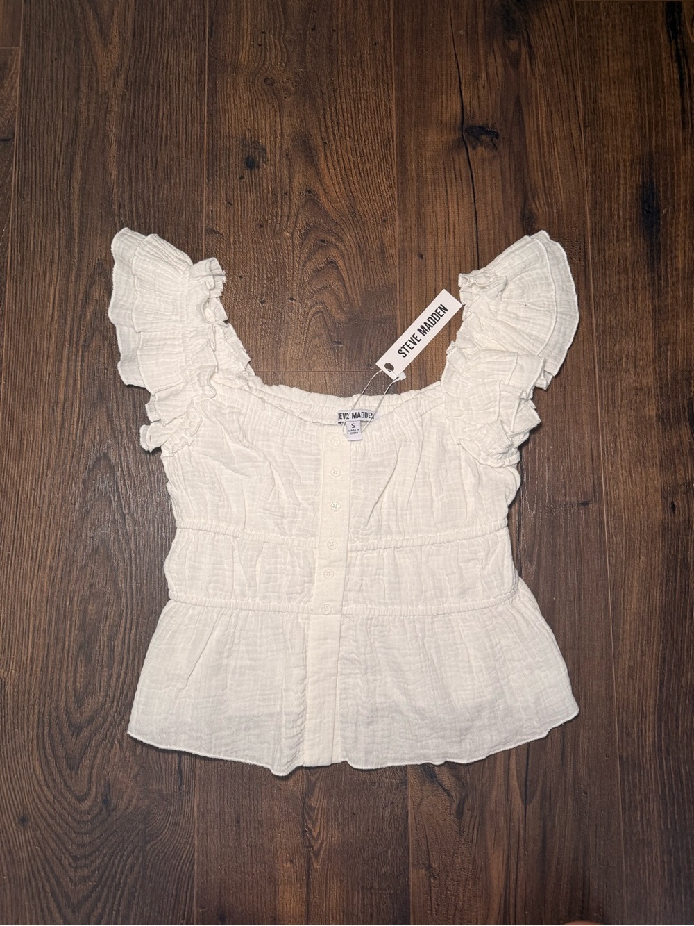 Steve Madden Cream Ruffled Button-Front Peplum Top
